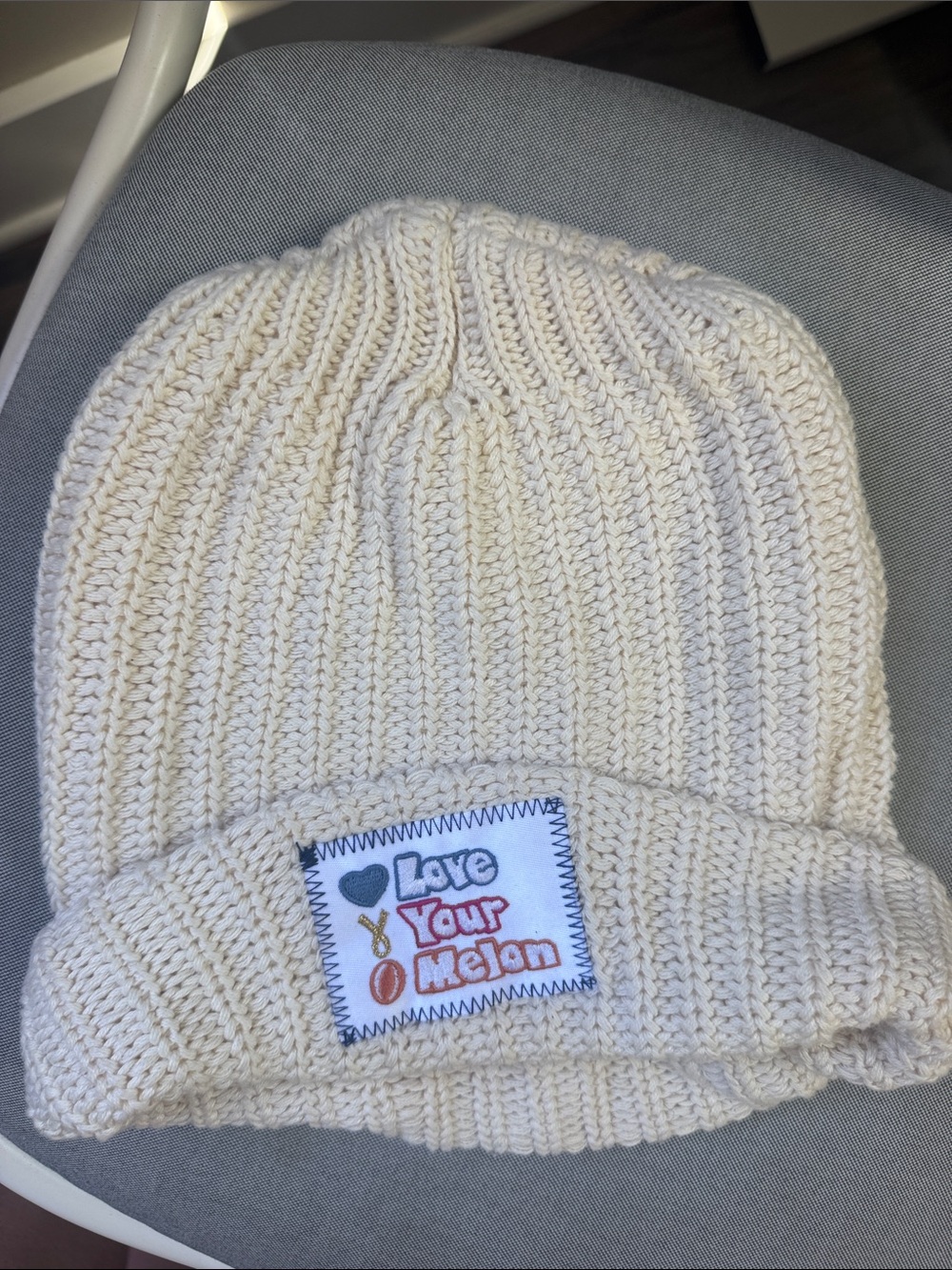 Love Your Melon Cream Rib Knit Beanie with Logo Patch